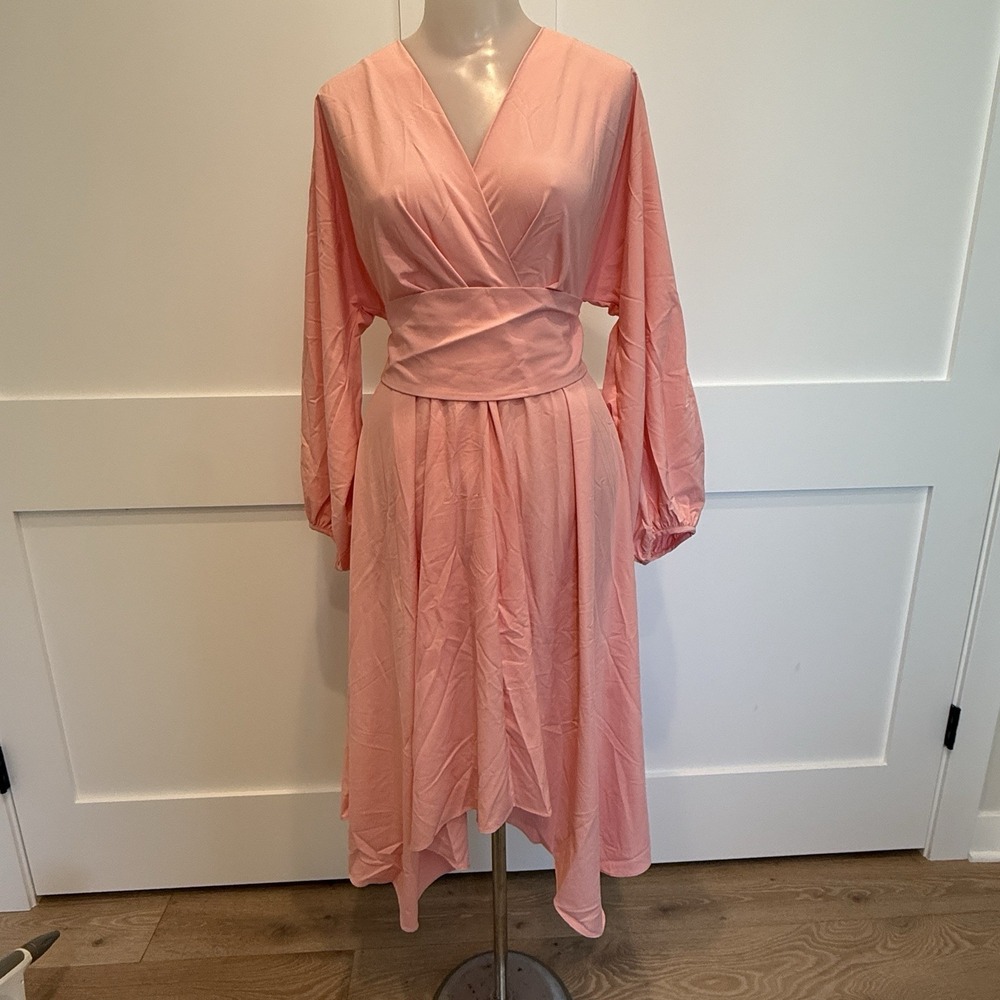 NWT Halara Wrap Midi Dress Coral Pink Long Sleeve Tie Waist Stretch XS‎